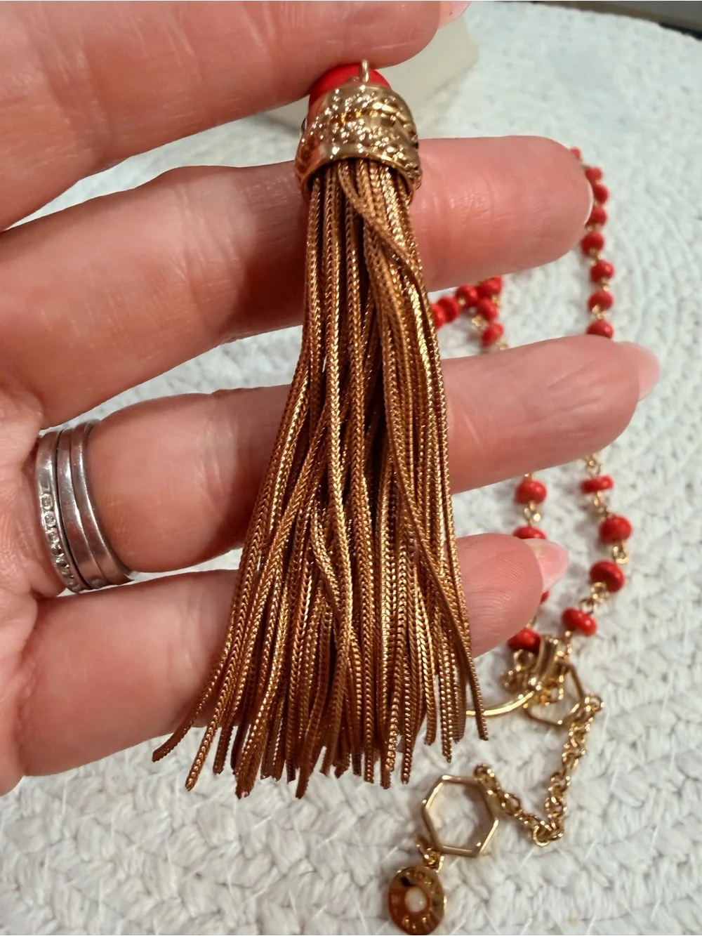 Tory Burch Gold Tone/Long Orange Necklace With Tassel + Dust Bag